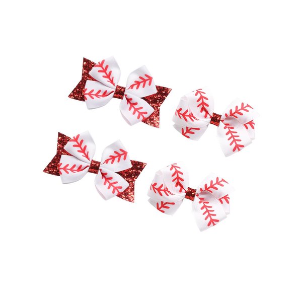 Baseball Hair Clips Bow Sports Bow Hair Barrettes Clips Girls Baseball Bow Hair Pin BBG65 (B4-Set 4 Pcs)