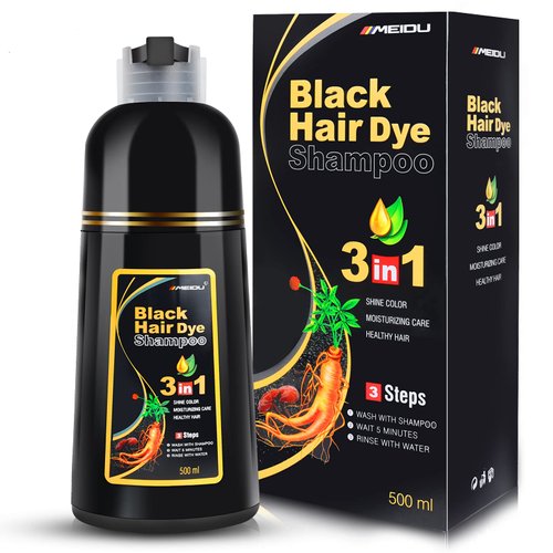 IIIMEIDU Hair Dye Shampoo, Black Color Shampoo Herbal Gray Hair Coverage Shampoo for Women and Men, 3 in 1 Natural Ingredients, 500ml (BLACK)