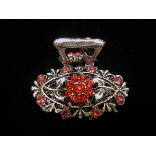 Generic Small pink red silver metal hair claw clip with crystals bridal clip
