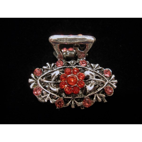 Generic Small pink red silver metal hair claw clip with crystals bridal clip