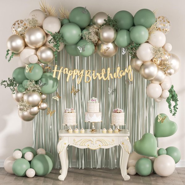 Sage Green Birthday Party Decorations with Happy Birthday Banner Green Fringe Curtain Butterfly Decorations Foil Balloons Happy Birthday Decorations for Women Adults