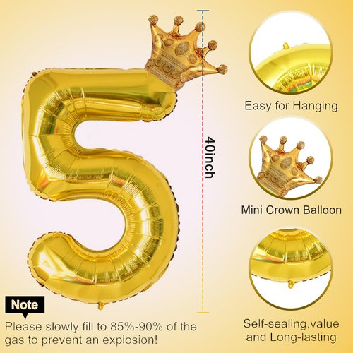 40 Inch Gold Number 5 & Mini Crown Balloon for Birthday Party Decorations, 5th Birthday Party Decorations, Baby Shower Anniversary Balloons Decorations Supplies