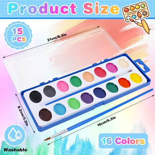 IJRPLM 15 Pack Watercolor Paint Set for Kids,16 Colors Washable Paint with Paint Brushes,Washable Water Colors Paint for Kids and Adults,Watercolor Paint for Classroom Party Favor Art Activities