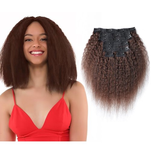 Clip in Dark Brown Yaki Straight Human Hair Extensions 12 Inches 70g Net Human Hair Extensions Double Weft Brazilian Unprocessed Virgin Hair 7 Peices/set 16 Clips for Girls Beauty (70g 12", Brown)