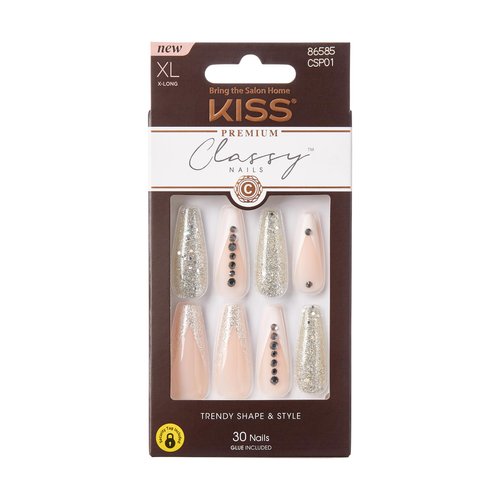 KISS Classy Press On Nails, Nail glue included, 'Sophisticated', Silver, Extra-Long Size, Coffin Shape, Includes 30 Nails, 2g glue, 1 Manicure Stick, 1 Mini File