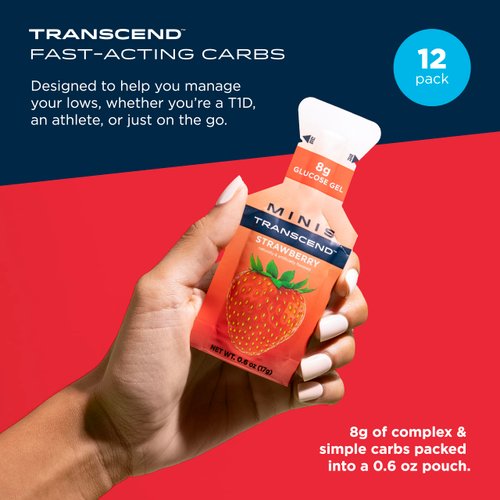 Transcend Foods Mini Strawberry Gel (.6 oz, Pack of 12) Fast-Acting Carb Gel Strawberry Flavor – Travel Size, Caffeine Free, Gluten Free