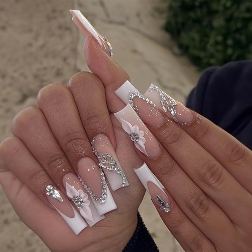 Very Long Press on Nails Square Fake Nails Glossy Nude False Nails with 3D Rhinestones Designs White French Tip Glue on Nails Full Cover Flower Butterfly Artificial Long Acrylic Nails for Women 24Pcs