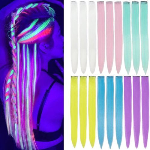 ItsUHair 18pcs Glow in the Dark Hair Extensions Clip in Colored Hair Extensions 20inch Luminous Rainbow Clip Hair Extensions for Kids Women