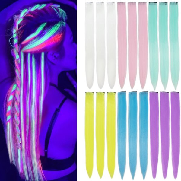 ItsUHair 18pcs Glow in the Dark Hair Extensions Clip in Colored Hair Extensions 20inch Luminous Rainbow Clip Hair Extensions for Kids Women