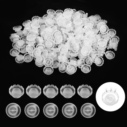 200Pcs Lash Glue Holder for Lash Extensions, Eyelashes Extension Volume Lashes Fan Blossom Cups, Blossom Ring Cup with 2 Rolls Glue Point for Eyelash Grafting, Nail Art, Quick Volume Lash