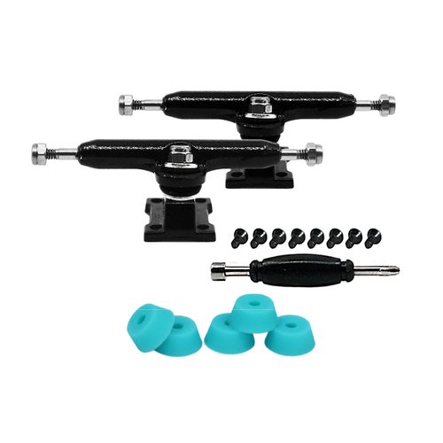 Teak Tuning Prodigy Fingerboard Trucks with Upgraded Lock Nuts, Midnight Black Colorway - 32mm Wide - Professional Shape, Appearance & Components - Includes Pro Duro 61A Bubble Bushings in Teak Teal