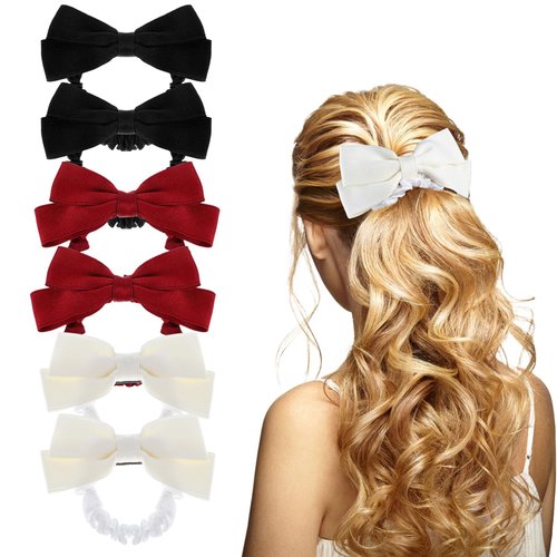 6Pcs Bow Scrunchies for Women, Satin Hair Ties with Bows Cute Hair Scrunchies Elastic, Ribbon Bowknot Ponytail Holder for Wedding Bachelorette Party Thick Thin Hair Accessories (White Red Black)