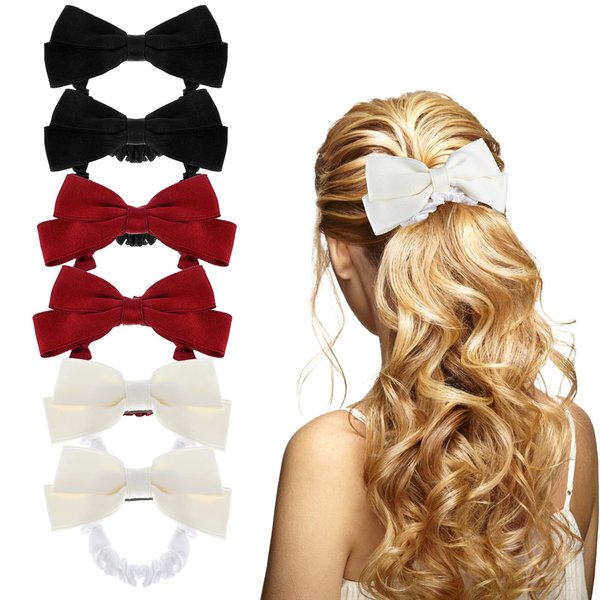 6Pcs Bow Scrunchies for Women, Satin Hair Ties with Bows Cute Hair Scrunchies Elastic, Ribbon Bowknot Ponytail Holder for Wedding Bachelorette Party Thick Thin Hair Accessories (White Red Black)