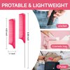 RHOS Retractable Rat Tail Comb for Parting,Protable Fine Tooth Teasing Comb for Styling,Hair Cutting,Braiding-Carbon Parting Combs for Braiding Hair,Stainless Steel Pin Tail Teasing Comb(Pink)