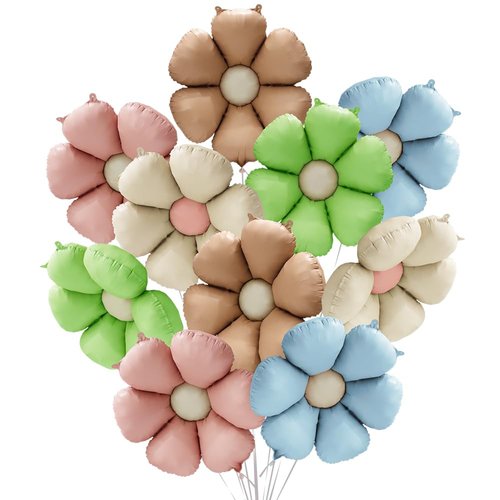 Deermon Matte Colorful Daisy Flower Balloons, 10 Pack Matt Groovy Daisy Floral Aluminum Foil Balloons For Birthday Baby Shower Wedding Retro Hippie Boho Girl Party Decoration Supplies