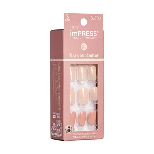 KISS imPRESS No Glue Mani Press On Nails, Bare But Better, 'Simple Pleasure', Nude, Short Size, Squoval Shape, Includes 30 Nails, Prep Pad, Instructions Sheet, 1 Manicure Stick, 1 Mini File