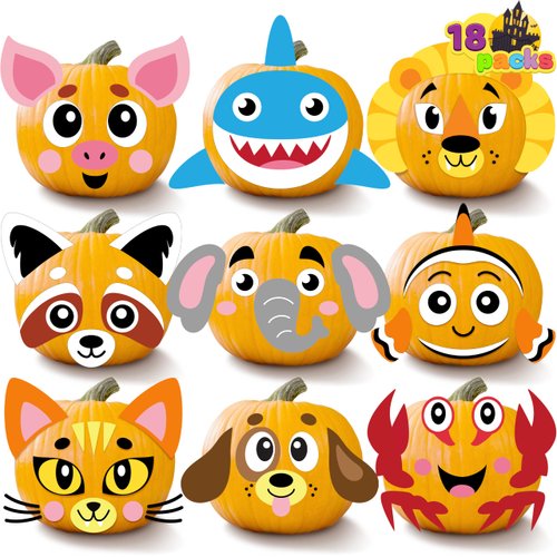 JOYIN 18 Packs Halloween Pumpkin Decorating Stickers Craft Kit, Halloween Party Supplies Arts Activities, Kids Party Favors, Jack O Lantern Foam Face Sticker in 9 Animal Designs, Classroom Party Games