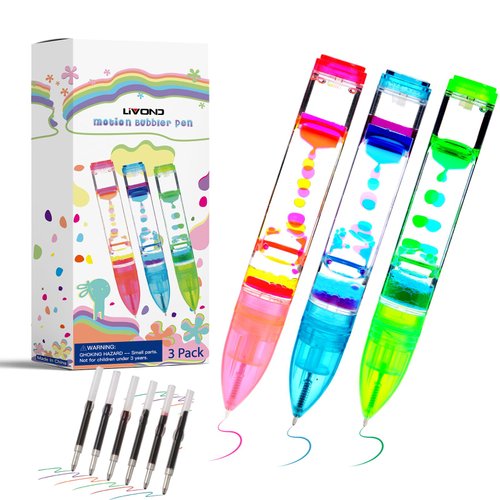 LIVOND Liquid Timer Pen - Retractable Ballpoint Pen with Colorful Moving Bubbles & Droplets - Relaxing Calming Fidget Sensory Writing Toy for Kids & Adults- 3-Pack (Red, Green, Blue)