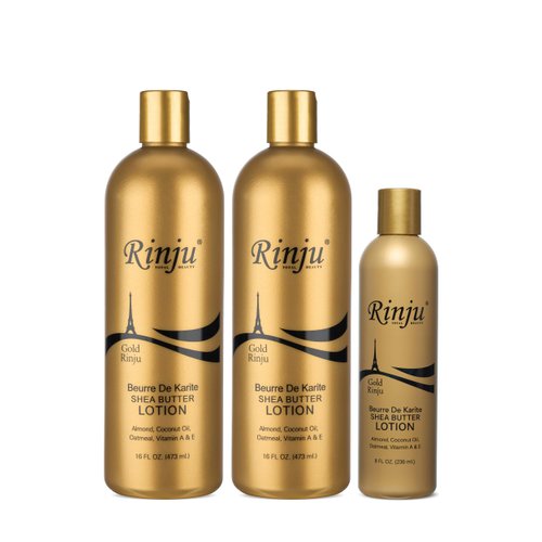 Rinju Gold Shea Butter Lotion 16 oz. (2 Pack) with a Gold 8 oz. - Vitamin E & A - Body & Hand Lotion for All Skin Types