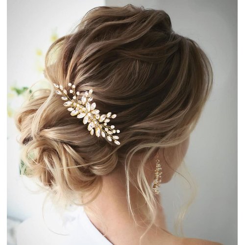Jeairts Wedding Rhinestone Hair Comb Crystal Bridal Hair Pieces Pearl Hair Side Comb Brides Headpiece Decorative Hair Accessories for Women and Girls (2-Gold)
