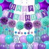 Mermaid Birthday Decorations Purple Teal Blue Party Balloons Happy Birthday Banner Dots Garland Purple Turquoise Green Fringe Curtain Pompom Swirls for Girl Women Birthday Baby Shower Party Decoration