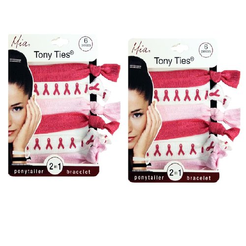 Mia Tony Ties, 2 in 1 Hair Accessories, Ponytail Holder & Bracelet, Basic, Knotted, Elastic, Ribbon, Rubber Bands, Beautiful Hot Pink, Pretty Pink, Chic White Breast Cancer Ribbons, 2 Packs, 12pcs