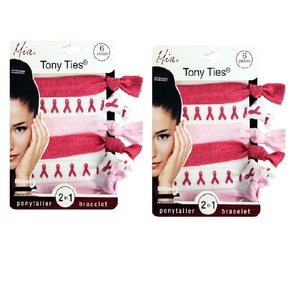 Mia Tony Ties, 2 in 1 Hair Accessories, Ponytail Holder & Bracelet, Basic, Knotted, Elastic, Ribbon, Rubber Bands, Beautiful Hot Pink, Pretty Pink, Chic White Breast Cancer Ribbons, 2 Packs, 12pcs