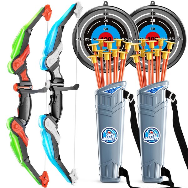 TEMI 2 Pack Set Kids Archery Bow Arrow Toy Set Outdoor Hunting Play with 2 Bow 20 Suction Cup Arrows 2 Target & 2 Quiver, LED Light Up Function Toy, Outdoor Toys for Kids, Boys & Girls Ages 3-12