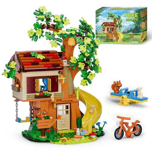 Sinuraii Treehouse Building Blocks Set, Natural Eco Cozy Cottage Educational Toy, Tree House Architecture Sets with Animals, Slide, Swing, Seesaw, Bicycle, Gifts for Kids, Girls and Boys Ages 8 Plus