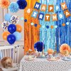 Boy Birthday Decorations, Blue Birthday Supplies, Light Blue Navy Brown Tan Orange Banner, Fringe Curtain, Boho Balloons, Pom Poms Backdrop