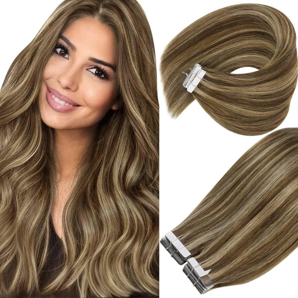 Ve Sunny 24inch Tape in Hair Extensions Human Hair Highlight Brown Hair Extensions Tape in Dark Brown Highlight Caramel Blonde Tape on Hair Extensions Brown Highlight for Long Hair 20pcs 50g