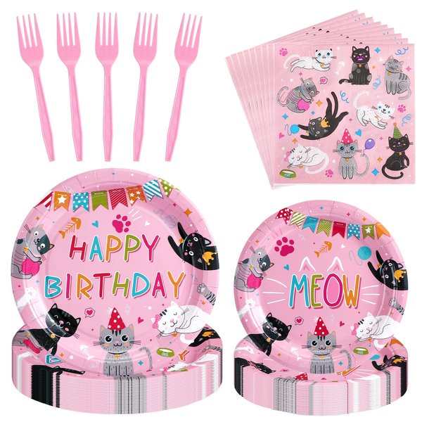 SiliFine 122 Pcs Cat Birthday Party Supplies Disposable Cat Themed Tableware Include 24 Dinner Plates 24 Dessert Plates 50 Paper Napkins 24 Forks Kitten Birthday Party Decoration for 24 Guests(Pink)