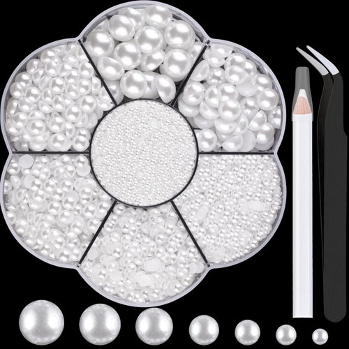 Nail Art Flat Back Half Round Pearl Kits 3, 1 Box of 6000 Pcs Flat-Back White Pearl with Tweezer and Picker Pencil for Home DIY Nails Body Face Craft and Salon Use