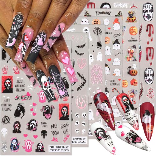 6 Sheets Halloween Nail Art Stickers Gothic Ghost Nail Decals 3D Self-Adhesive Halloween Nail Charms Horror Skull Nail Stickers Pumpkin Spider Heart Nail Design Nail Art Supplies for Women Acrylic