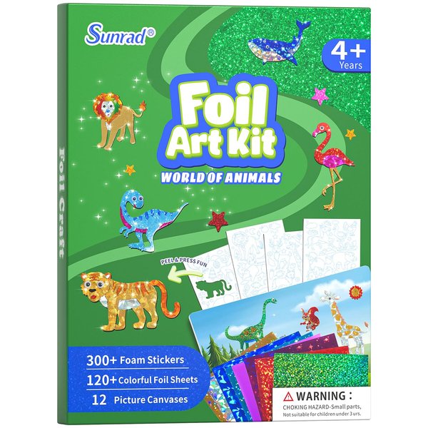 Sunrad Foil Art Kit for Kids Animals & Dinosaurs Arts and Crafts, No Mess Art for Kids, Fun Craft Kits & Supplies, DIY Creative Activities, Travel Toys Gifts for Boys & Girls Ages 4 5 6 7 8 9+