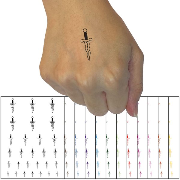 Curvy Ceremonial Dagger Kris Temporary Tattoo Water Resistant Fake Body Art Set Collection - Black (One Sheet)