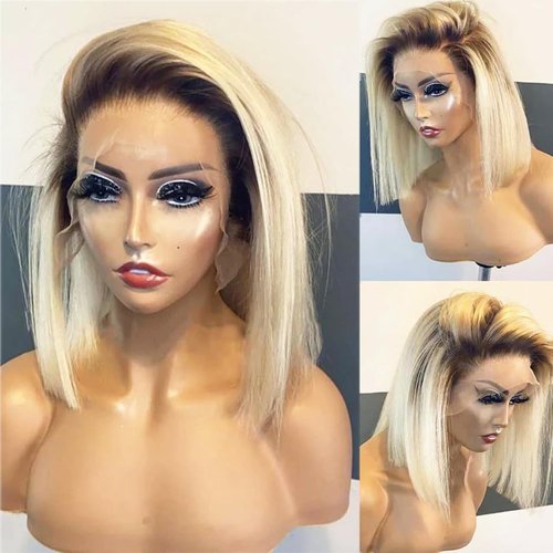 Ombre Blonde Bob Wig Human Hair, 1B613 Black and Blonde Wig Human Hair Bob 13x4 HD Lace Front Wigs Human Hair Pre Plucked Pre Cut Bob Colored Human Hair Bob Wigs for Black Women 12 Inch 180% Density