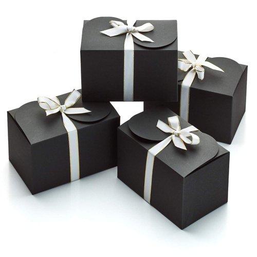 Hayley Cherie - Black Kraft Treat Boxes with White & Gold Ribbons (20 Pack) - 6.5" x 4" x 4" - Thick 400gsm Card - for Favors, Gifts, Christmas, Birthdays, Weddings, Groomsmen