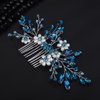 Teyglen Flower Pearl Bride Wedding Hair Comb Blue Crystal Hair Comb Bridal Hair Piece Decorative Hair Accessories for Bride Rhinestone Headpiece for Women Grils (Peacock blue)