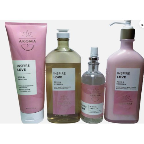 4 Aromatherapy Inspire Love Rose & Vanilla bath Body Cream Body Lotion Body Wash Essential Oil Mist set