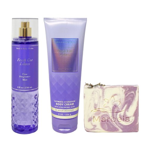 Bath & Body Works Fresh Cut Lilacs Fragrance Mist and Body Cream Bundle with a Lavender Dream Bar Soap - Full Size