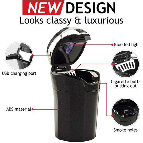 TAKAVU Car Ashtray (1-Pack), Easy Clean Up Detachable Stainless Car Ashtray with Lid Blue Led Light and Removable Lighter for Most Car Cup Holder (Silver)