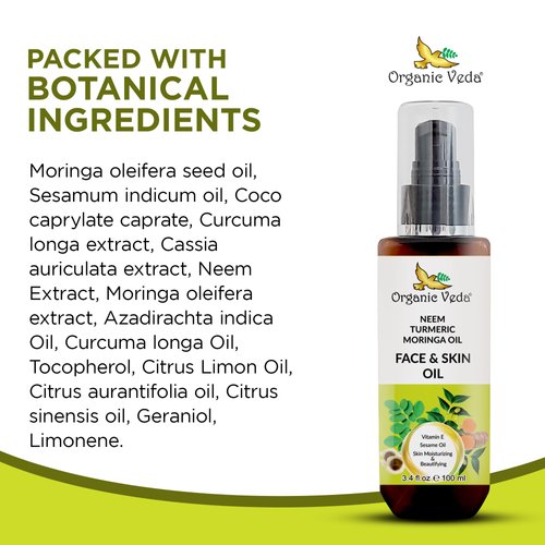 Organic Veda Moringa Face Oil with Neem & Turmeric - 100% Pure Cold Pressed Skin Care Oil Moisturizer for Face Hair & Skin, Natural Skin Glow - 3.4 oz