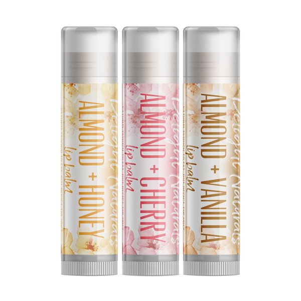 Delight Naturals Almond Flavors Lip Balm Set - Almond + Honeu, Almond + Cherry, Almond + Vanilla