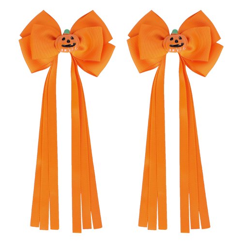 Halloween Hair Bows Pumpkin Hair Clips for Girks & Women Orange Ribbon Handmade Hair Bows with Long Tail Pumpkin Hair Accessories for Halloween Thanksgiving Fall Festive