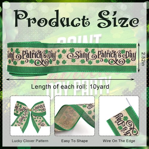 Threetols St. Patrick's Day Wired Ribbon, 2.5" 10 Yards Shamrock Burlap Decorative Ribbons Green Wired Edge Wrapping Ribbon for Home Decor Gift Wrapping Tree Topper Bow Wreath Wedding DIY Crafts