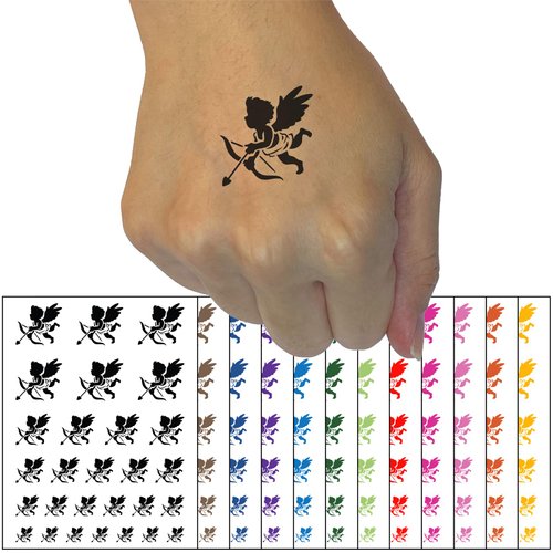 Valentine Cherub Cupid with Bow and Arrow Temporary Tattoo Water Resistant Fake Body Art Set Collection - Black (One Sheet)