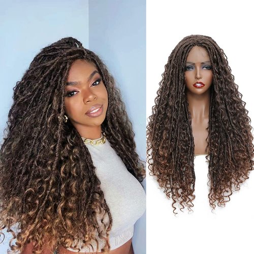 SOKU Goddess Faux Locs Wig 28 Inch Long Braided Lace Front Synthetic Wigs with Baby Hair for Black Women Ombre Brown Bohemian Curly Braids 100% Hand-braided Crochet Hair