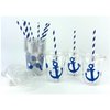 Blue Anchor Cups, Nautical Party Supplies, Plastic Disposable Cups, Slot Lids, Paper Straws, Set of 12