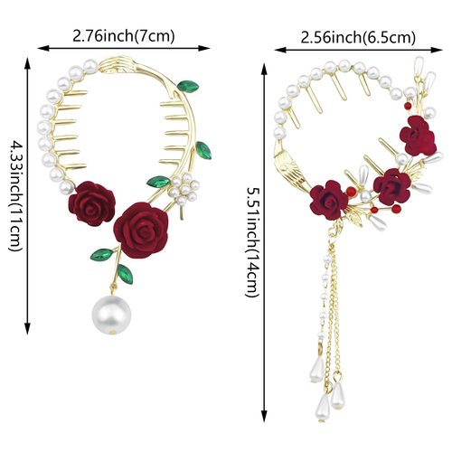 2 Pcs Rose Flower Tassel Ponytail Hair Clips Pearl French Metal Hair Barrettes Vintage High Ponytail Hair Cuff Chinese Decorative Accessories for Bride Women Girls